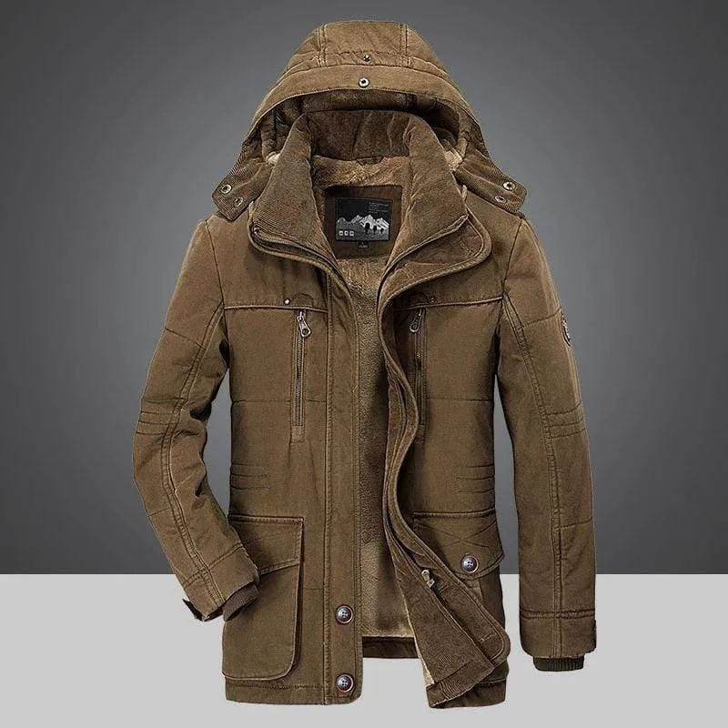 Winter coat with fur lining and removable hood for men