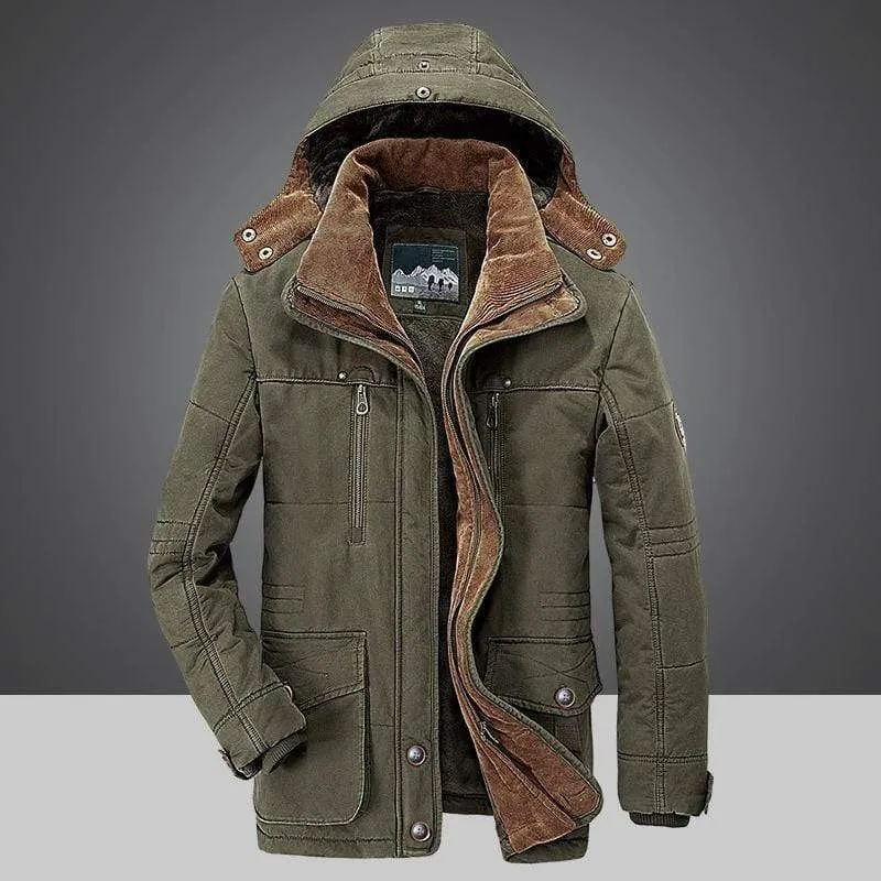 Winter coat with fur lining and removable hood for men