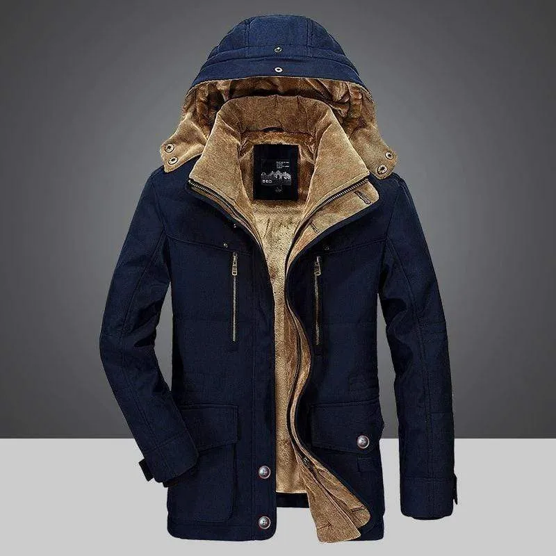 Winter coat with fur lining and removable hood for men