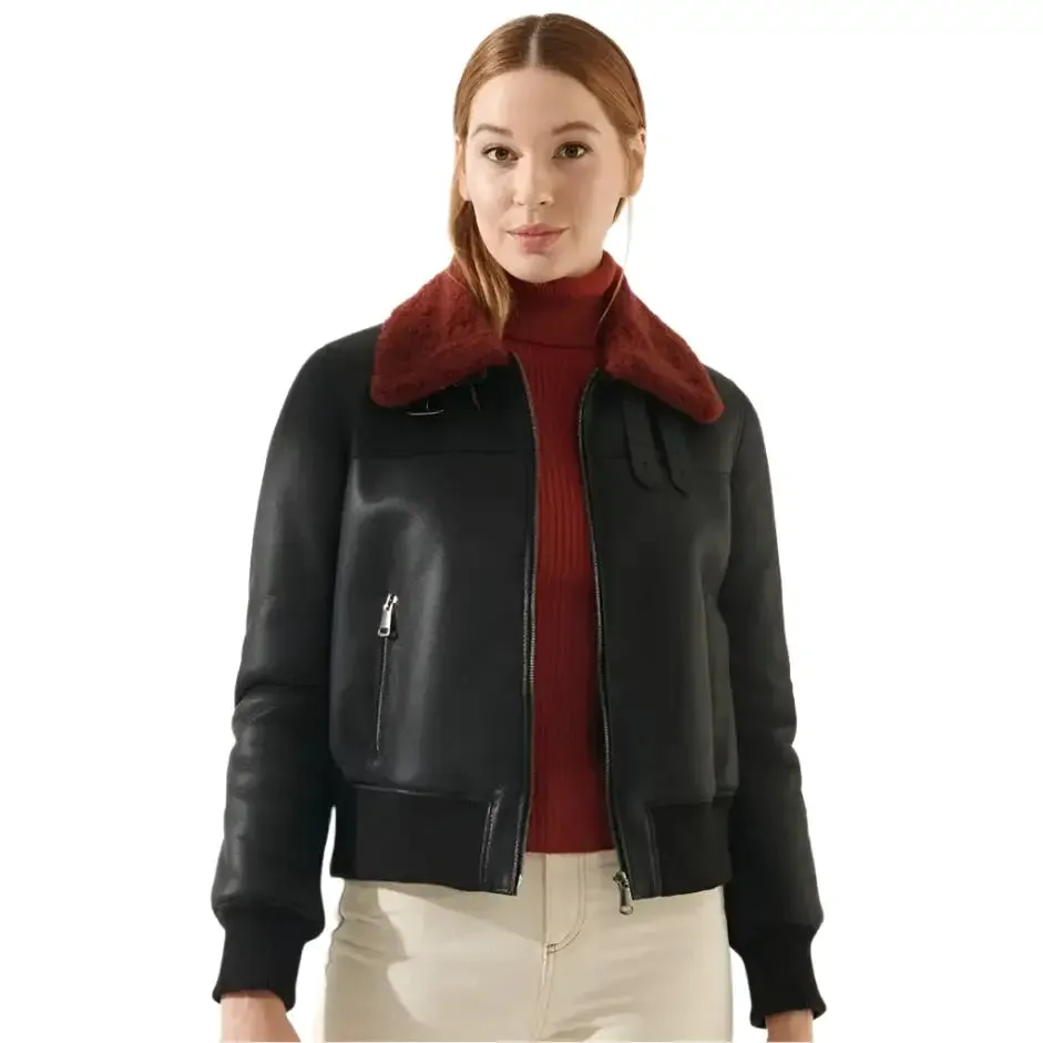 Women Leather Bomber Jacket with Red Fur Collar