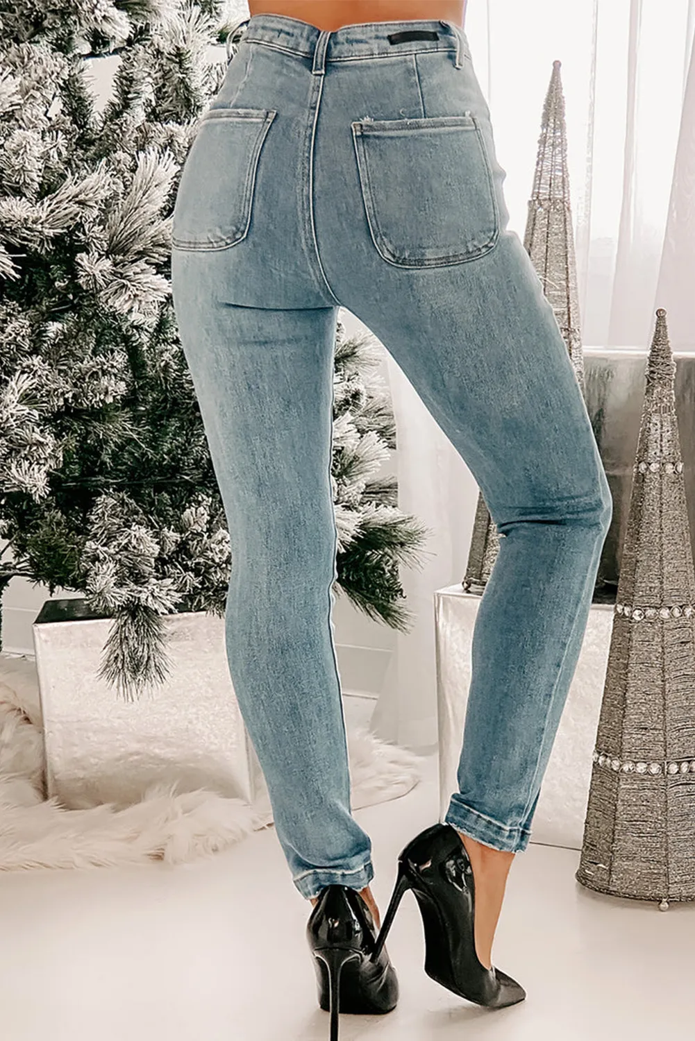 Womens High Rise Button Fly Center Seam Tight Jeans SIZE S-XL