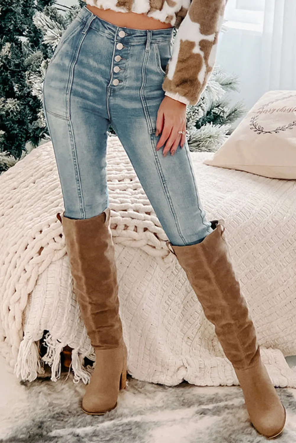 Womens High Rise Button Fly Center Seam Tight Jeans SIZE S-XL