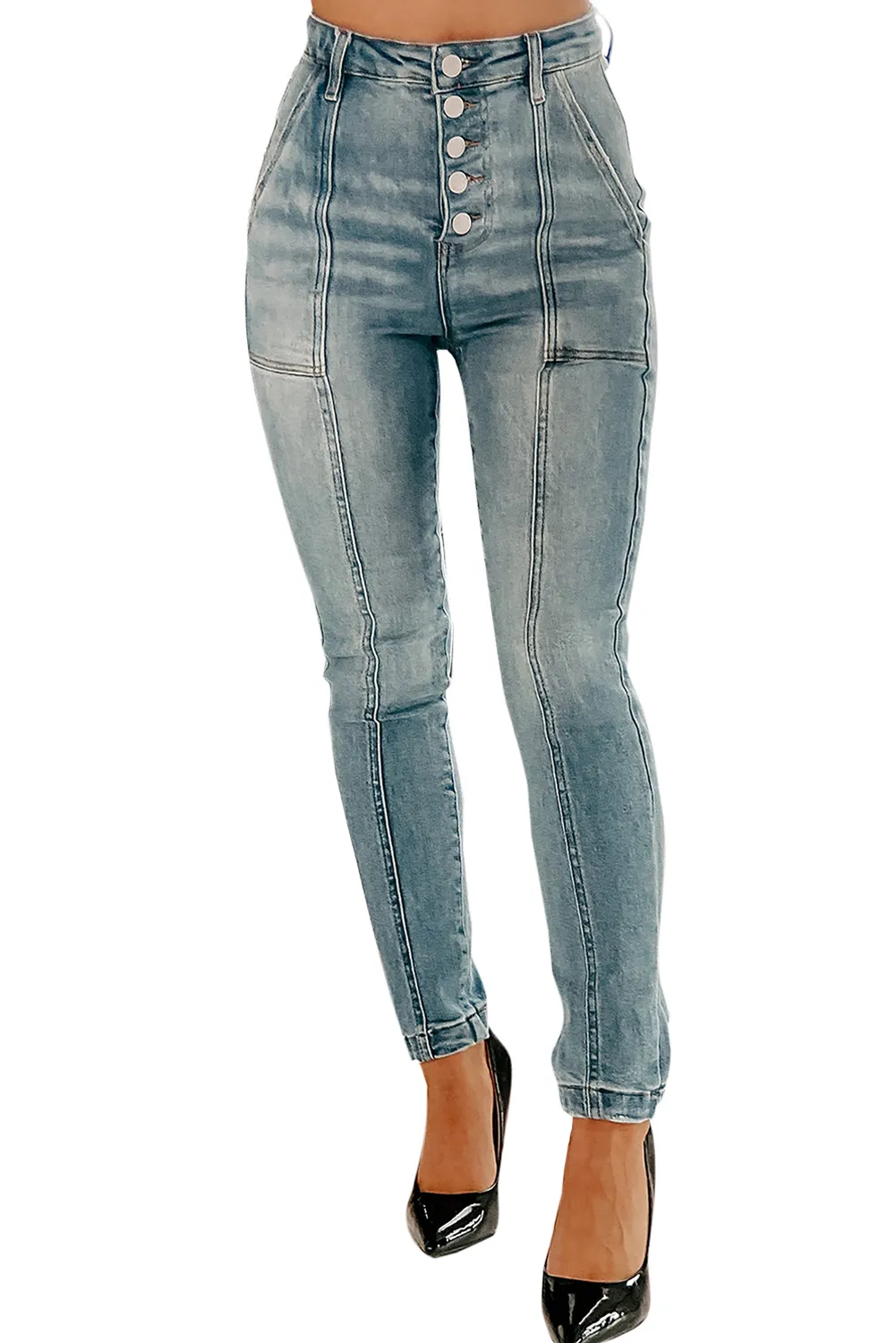 Womens High Rise Button Fly Center Seam Tight Jeans SIZE S-XL