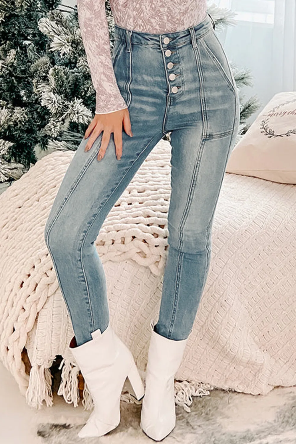 Womens High Rise Button Fly Center Seam Tight Jeans SIZE S-XL